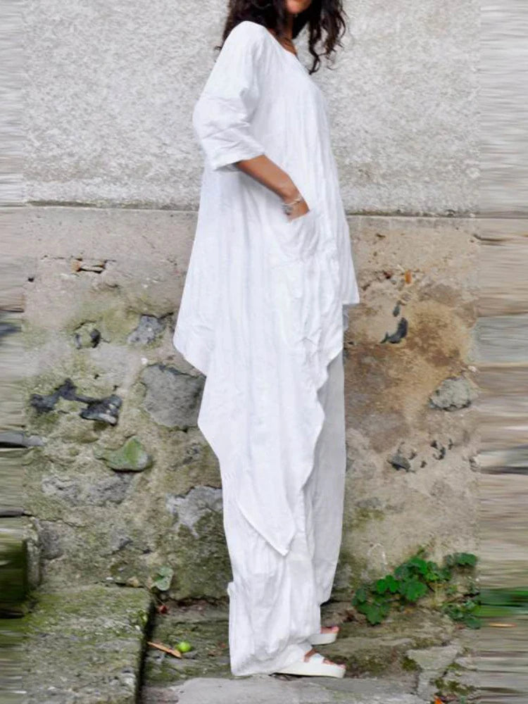 Casual Loose Cotton Linen Top with Irregular Hem and Round Neck Paired with Elegant Loose Leg Pants Two Piece Set