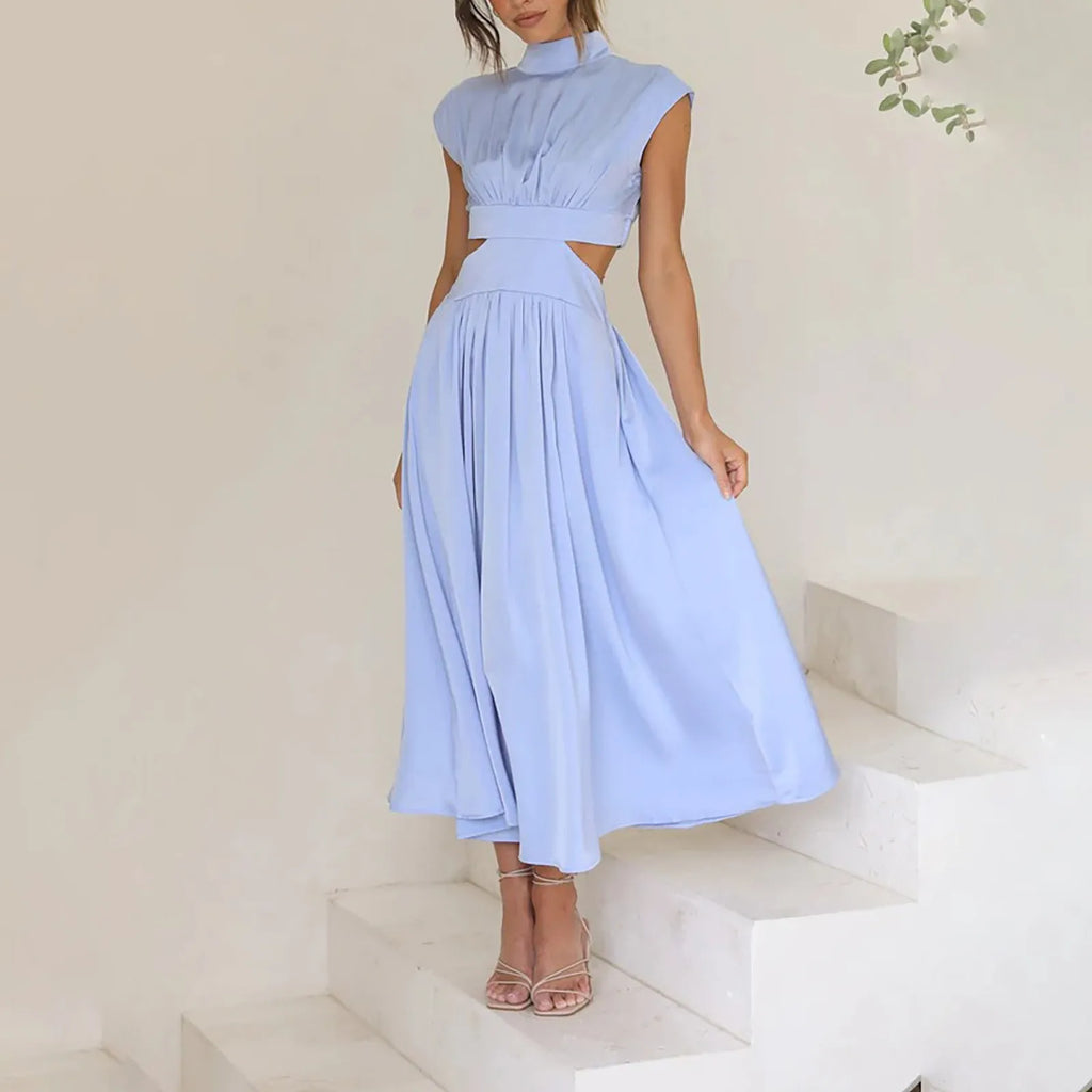 Solid Color High Waist Maxi Dress Sleeveless With Pockets