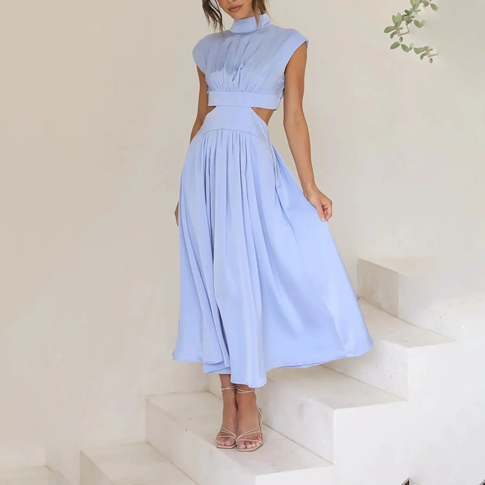 Solid Color High Waist Maxi Dress Sleeveless With Pockets