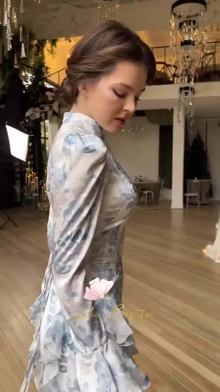 Satin Lace Up Printed Dress Long Sleeve Bodycon Evening Gown