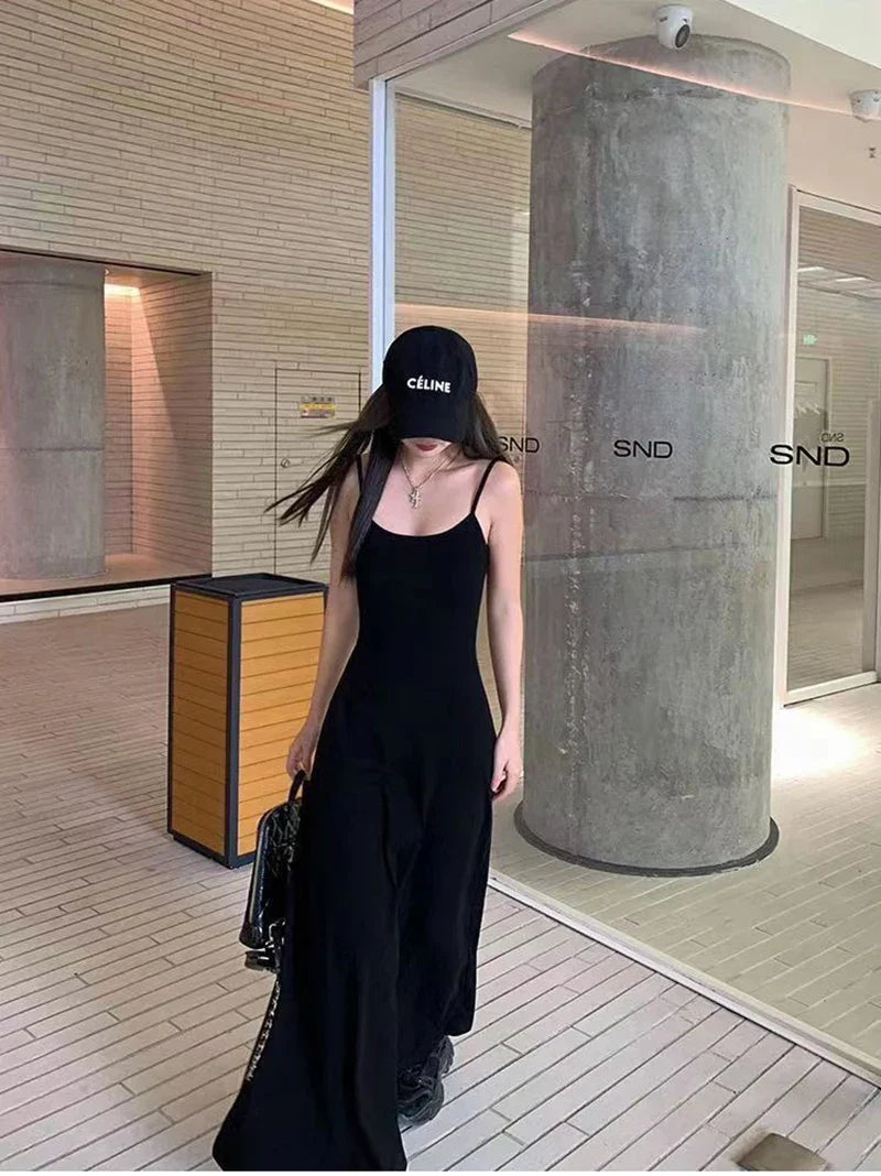 Black Backless Spaghetti Strap Dress Women Elegant Slim