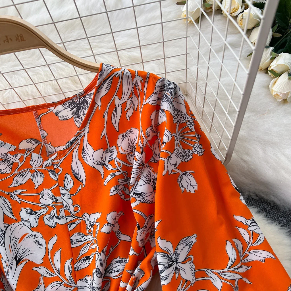 Boho Floral Print Pleated Maxi Dress With Puff Sleeves Belt