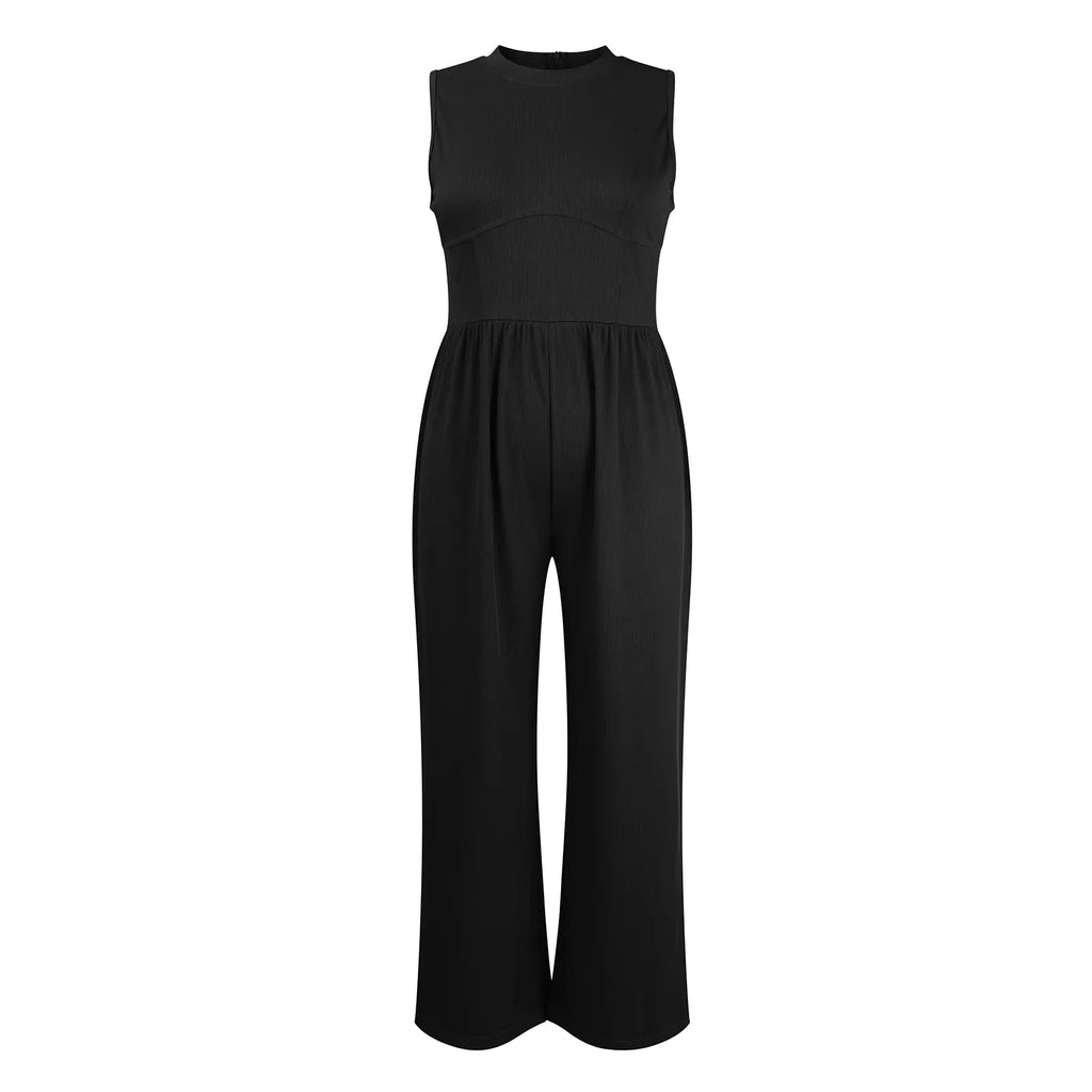 Women Sleeveless High Neck Ribbed Tank Top Jumpsuit Wide Leg Pants Romper with Tummy Control and High Waist Casual Summer Outfit