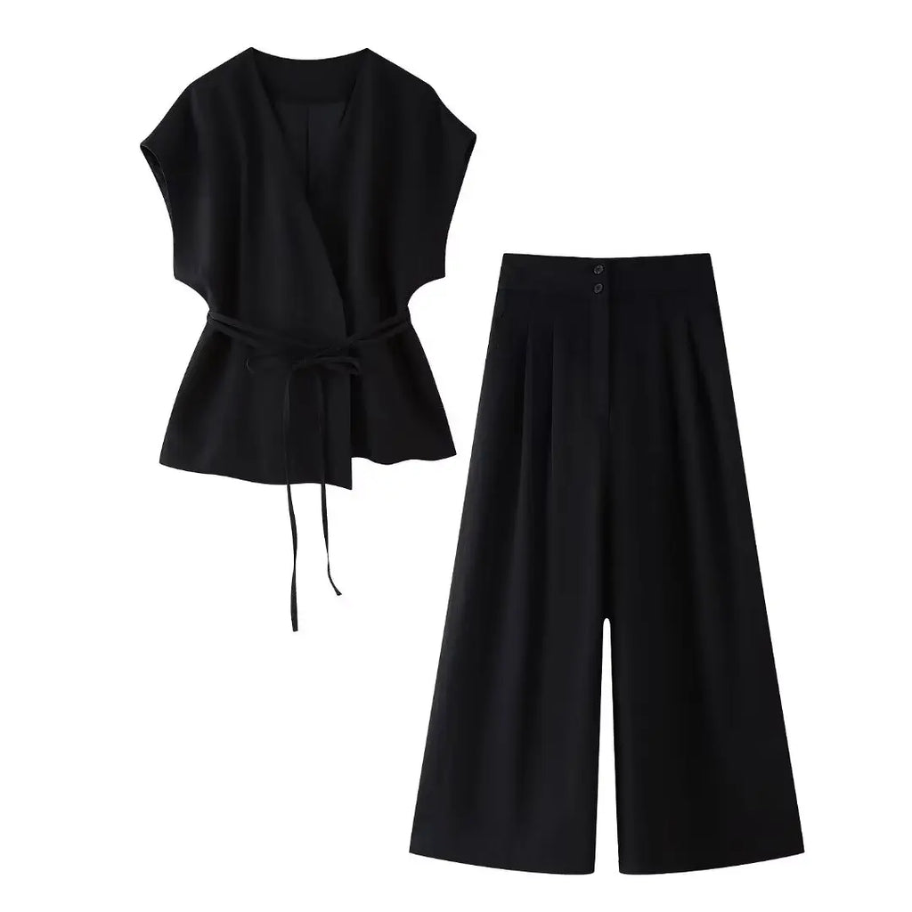 Summer Women's Casual Two-Piece Suit with Lace-Up Tank Top and Pleated Loose Trousers