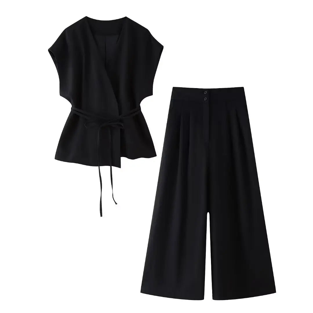 Summer Women's Casual Two-Piece Suit with Lace-Up Tank Top and Pleated Loose Trousers