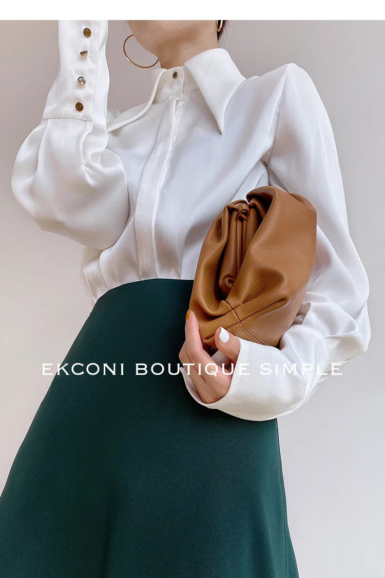 Elegant Turn Down Collar Satin Silk Blouse Vintage Button Closure White Lantern Sleeve Office Lady Shirt Chic Feminine Top
