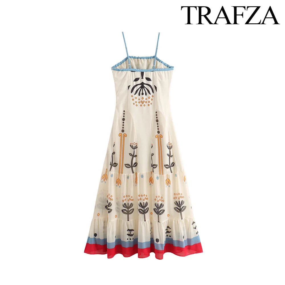 Boho Floral Print Halter Spaghetti Strap Backless Dress