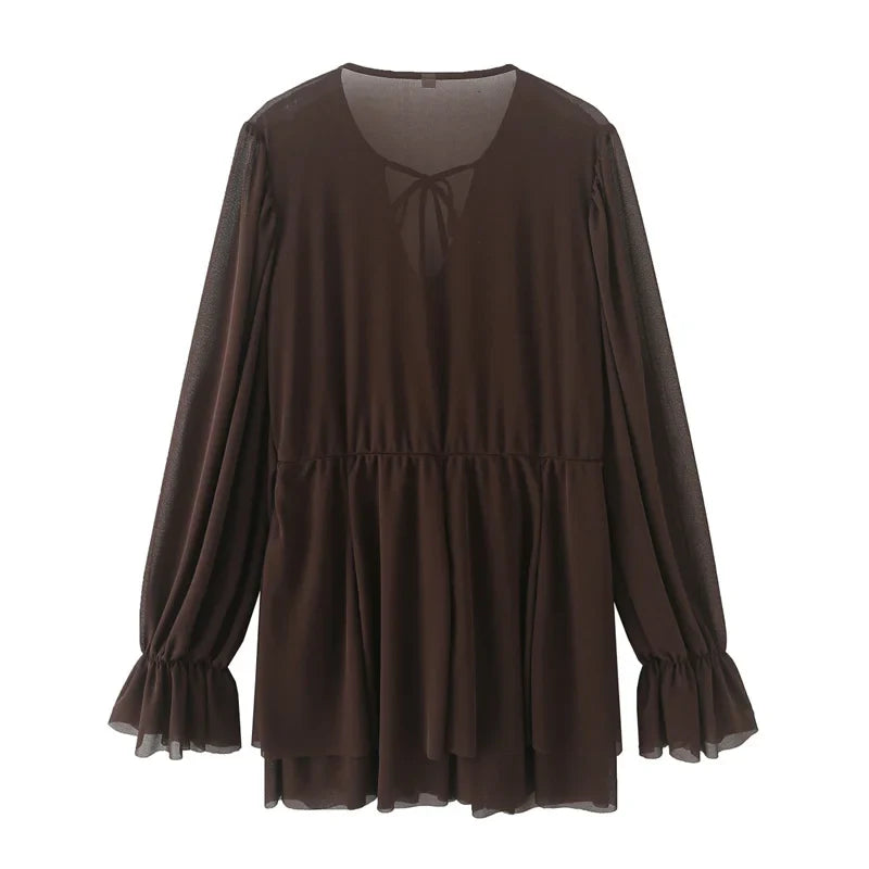 Ruffle Long Sleeve Vintage Party Dress Pleated Mini