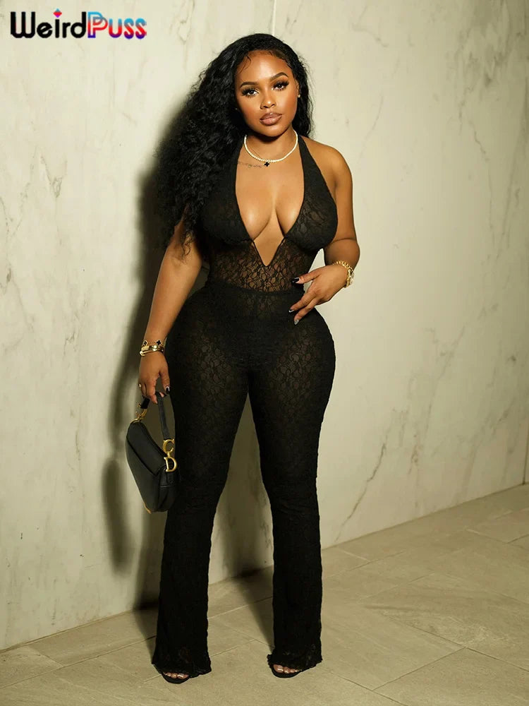 Sexy Mesh Halter Jumpsuit for Women Backless Skinny Low-Neck Midnight Clubwear Birthday Party Workout Overalls