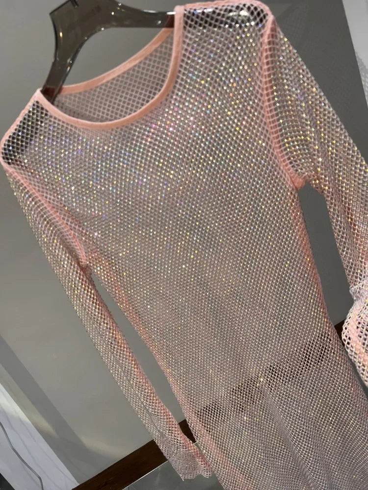 Colorful Sequin Diamond Dress Round Neck Midi Hollow