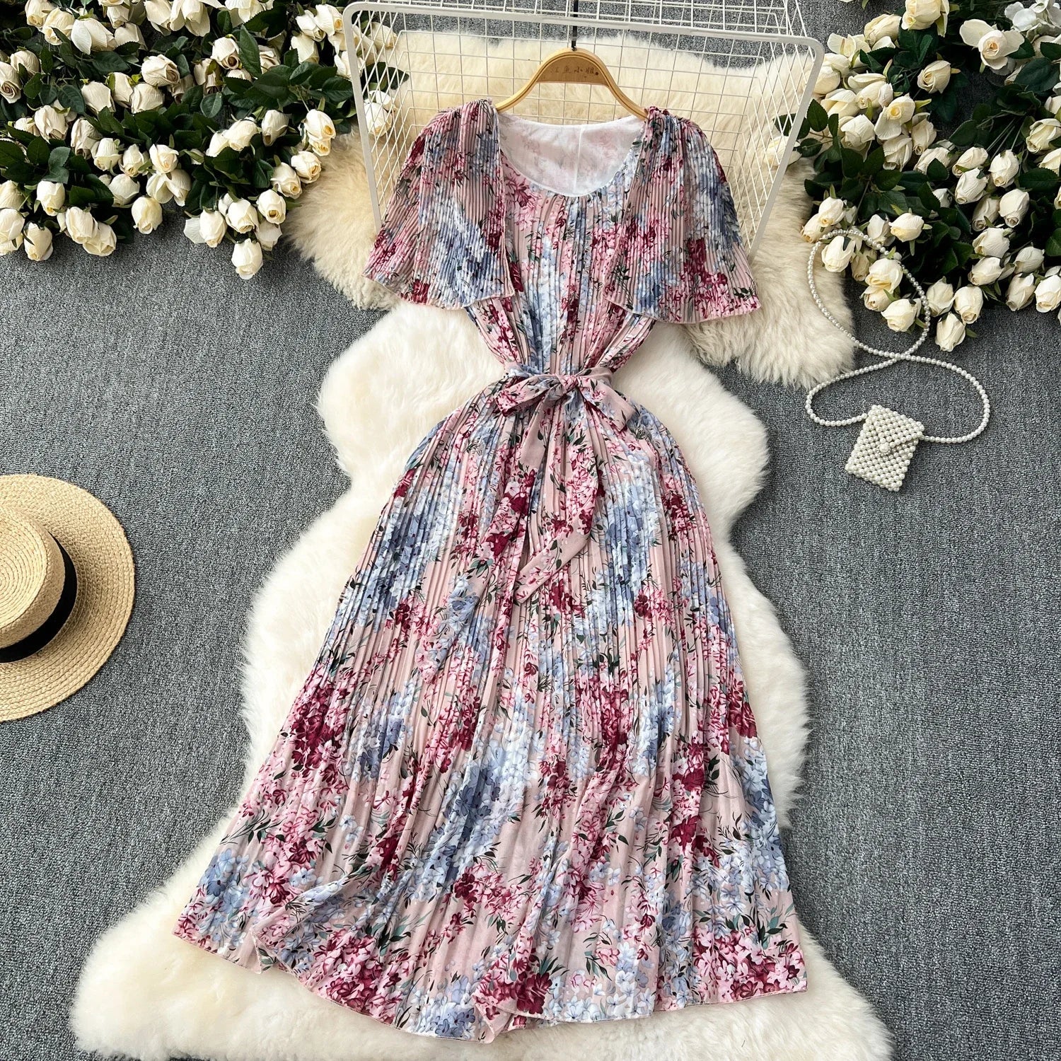 Retro Floral Chiffon Midi Dress With Ruffle Details