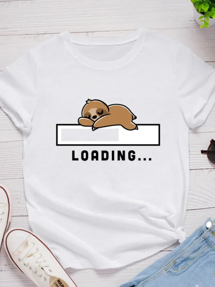 Loading Sloth Print Women T Shirt Short Sleeve O Neck Casual Tee for Ladies