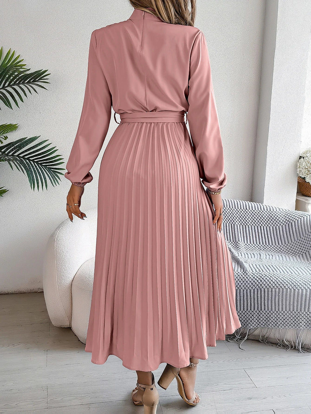Elegant Pleated Lace Up Long Sleeve Maxi Dress For Spring