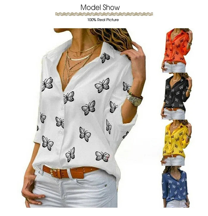 Elegant Women Butterfly Print Loose Fit Long Sleeve Blouse with Turn Down Collar Casual Oversized Office Shirt for Spring and Autumn