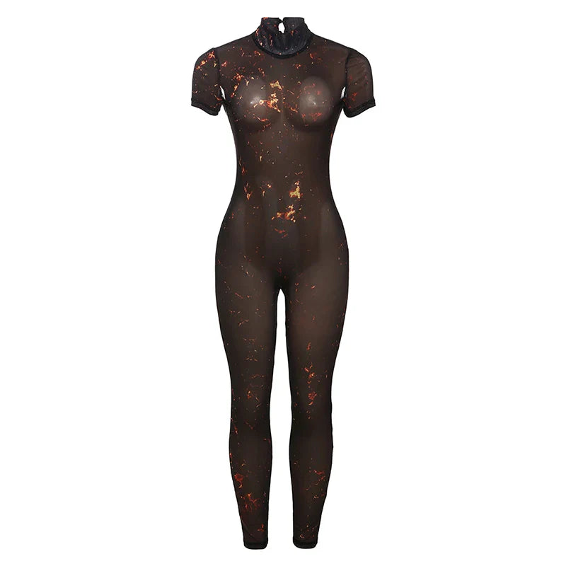 Colorful Mesh Print Jumpsuit for Women Sheer Backless Summer Clubwear Peach Buttocks Contour Tight Fit Overalls