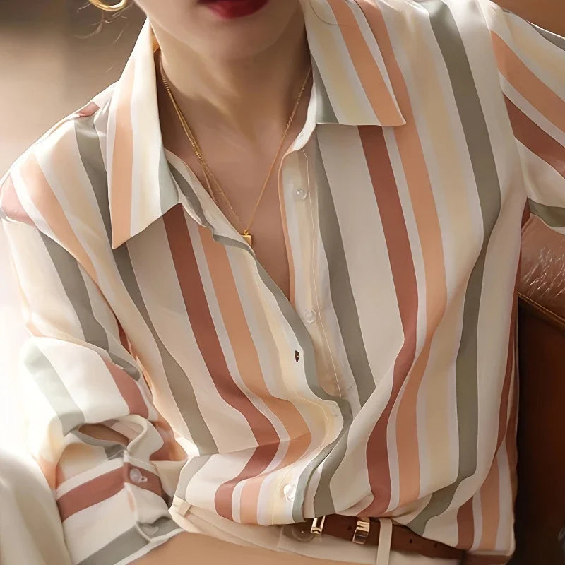 Striped Print Button Front Casual Long Sleeve Shirt for Women Lightweight Blouse for Spring and Fall Women's Tops