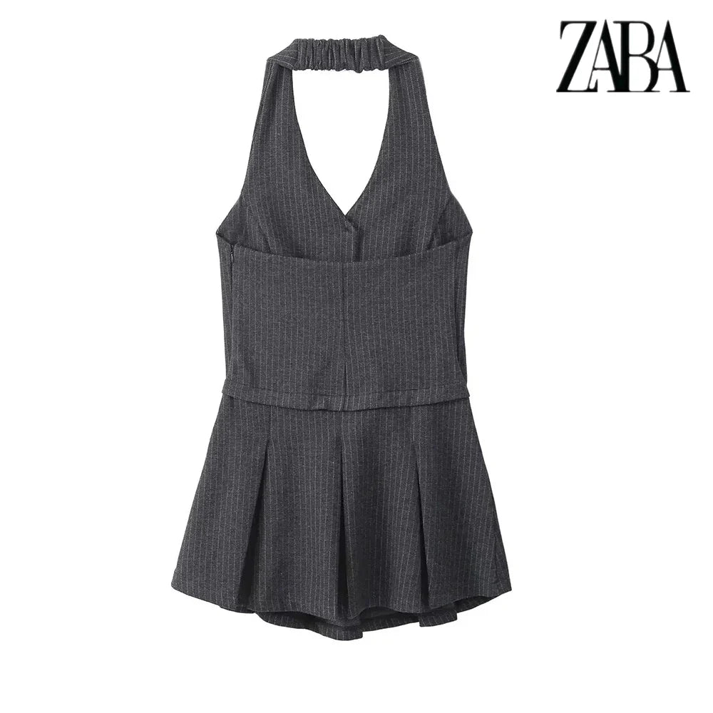 Black Backless V Neck Sleeveless A Line Pleated Dress