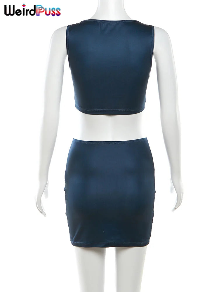 Weird Puss Solid 2 Piece Set Women Low-Neck Zipper Tank Top and Peach Hip Skirt Stretchy Clubwear Matching Outfit