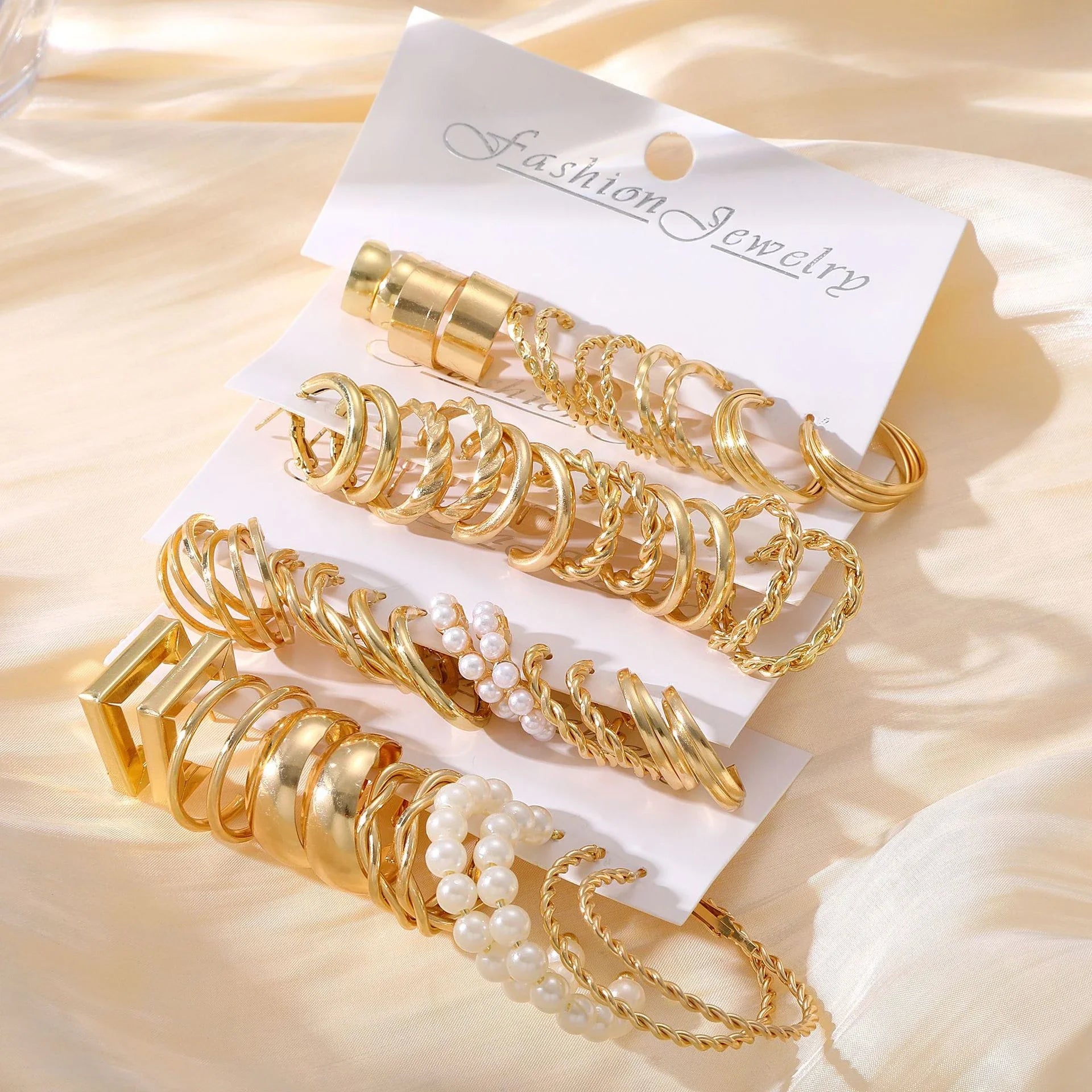 48 Pcs Boho Big Circle Hoop Earrings Set for Women with Gold Color Vintage Pearl and Heart Zircon Ear Studs Jewelry Gifts