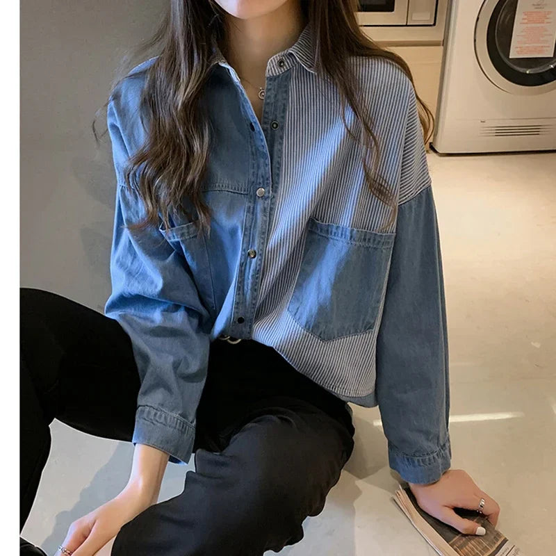 Loose Fit Women's Denim Shirt Long Sleeve Cotton Casual Button-Up Korean Style Autumn Winter Camisa Jeans Shirt