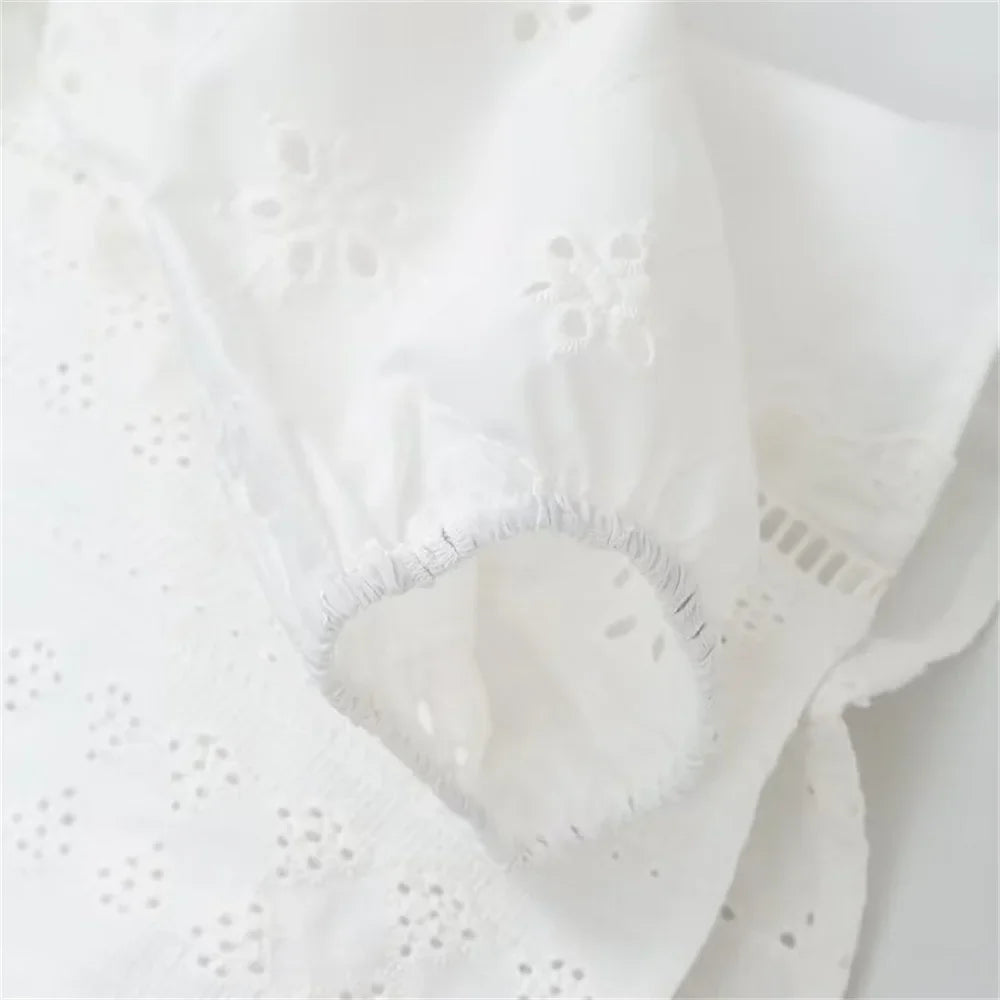 Women's Single Breasted Round Neck Lantern Sleeve Embroidered Hollow Shirt with Elegant Design and Slimming Fit