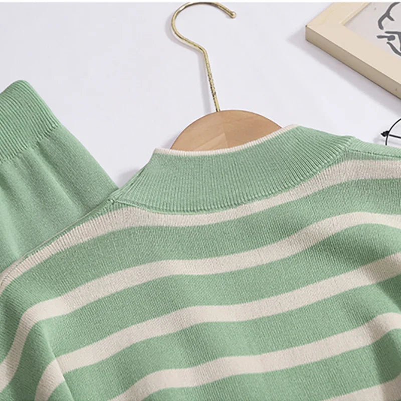 Women Knit Striped Two Piece Set Casual Short Sleeve Top and Loose Trousers Outfit