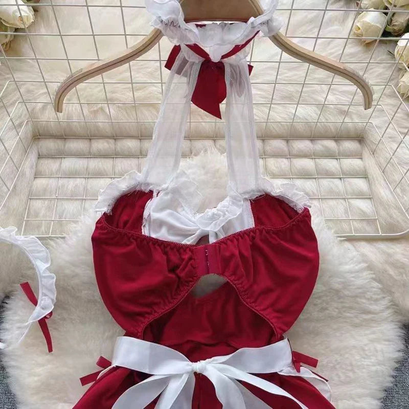 Maid Cosplay Nightwear Set Halter Hollow Out Thong