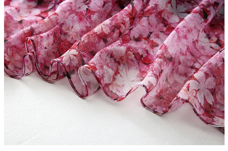 Purple Floral Chiffon Dress With V Neck And Lantern Sleeves