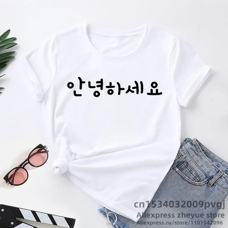 Korean Hangul Annyeonghaseyo Graphic T-Shirt for Women Kpop Fashion Short Sleeve Kawaii Summer Tee