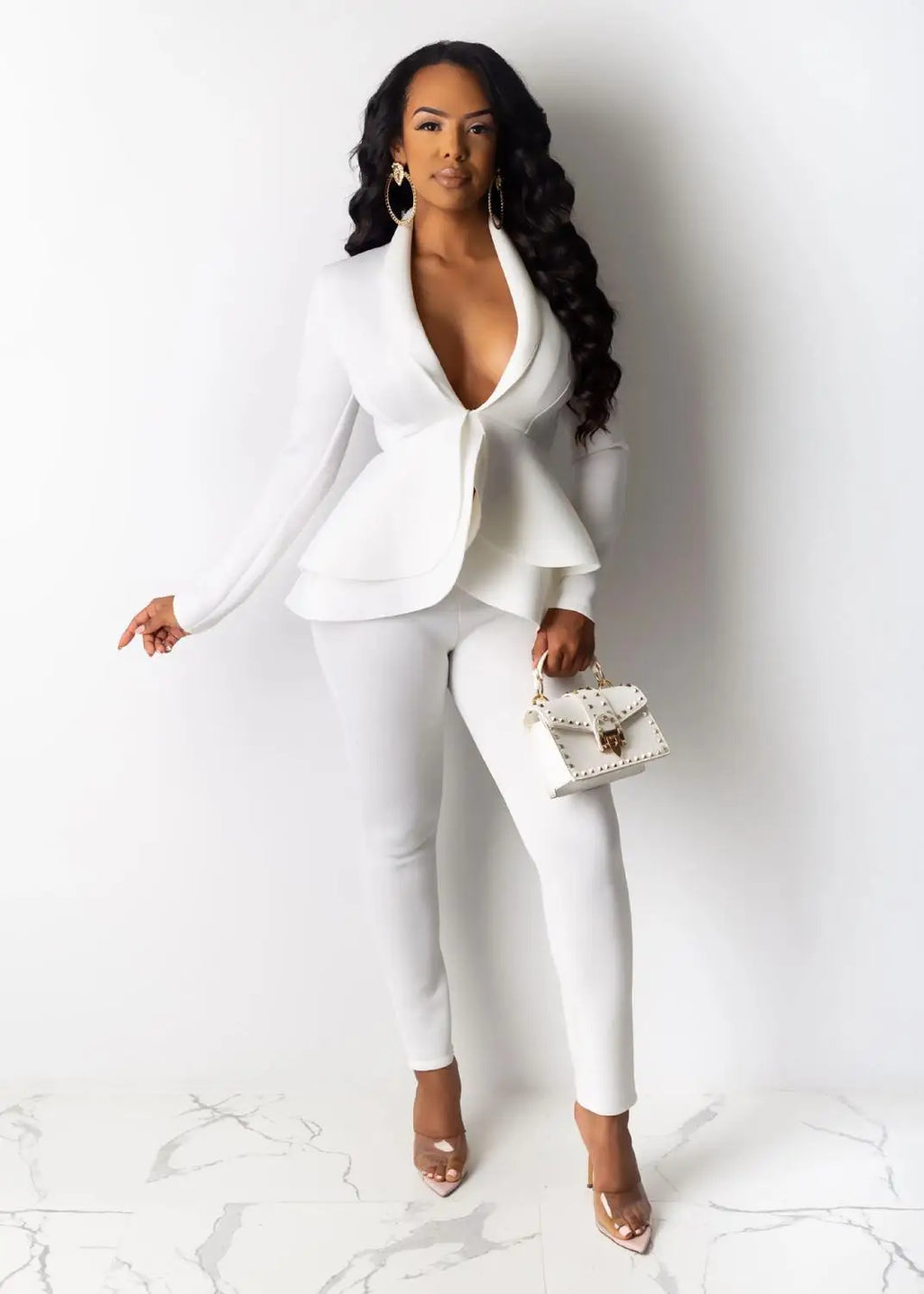 Women Winter Two Piece Tracksuit Set with Ruffled Blazer and Pencil Pants for Office Wear