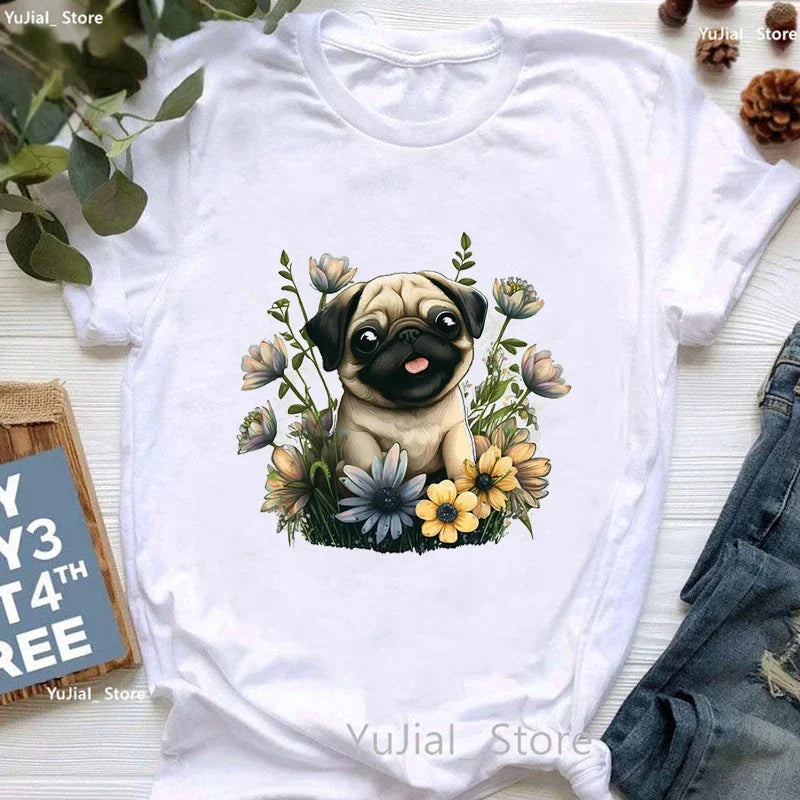 Golden Puppy Sunflower Dog Lover T Shirt for Girls Kawaii Summer Fashion Top with Pug and Yorkie Design