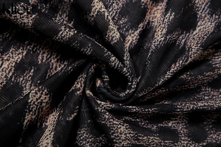 Leopard Print Mesh Mini Dress Women See Through Bodycon