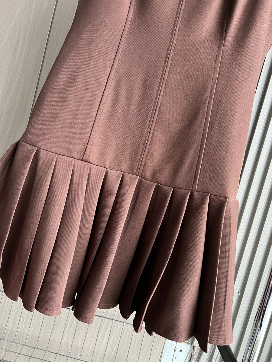 3D Cutout Mini Dress Pleated Skirt Brown Sleeveless