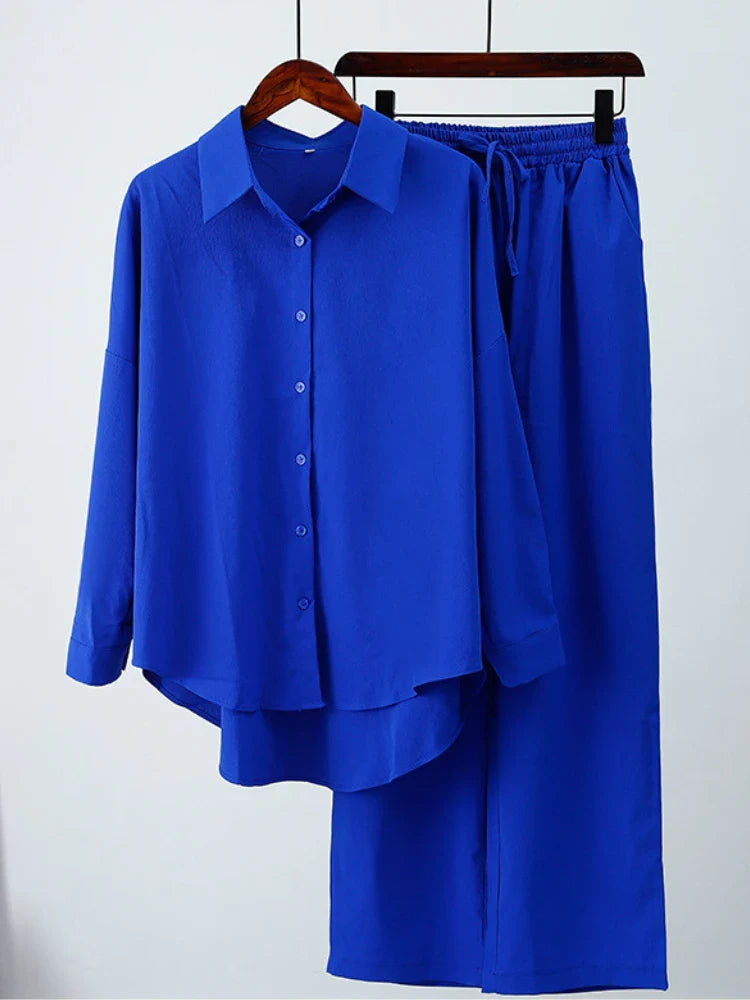 Summer Casual Outfits for Women Loose Long Sleeve Shirt and Wide Leg Pants Two Piece Set