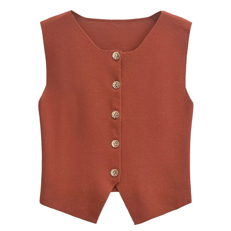 Women's 2 Piece Knit Skirt Set with Cropped Sleeveless Vest and High Waist Slim Fit Skirt in Solid Color with Gold Button Detail