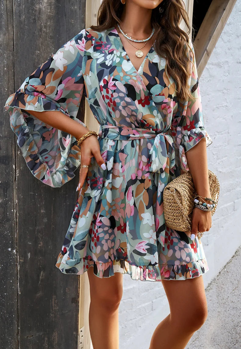 Floral Print Midi Dress with Strappy Lace Up V Neck Party
