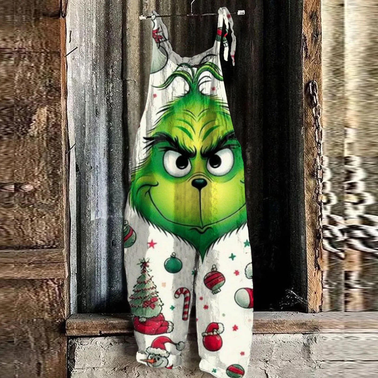 Kawaii Cartoon Print Casual Loose Vintage Strappy Jumpsuit Women's Fashion Festival Pants with Christmas Theme