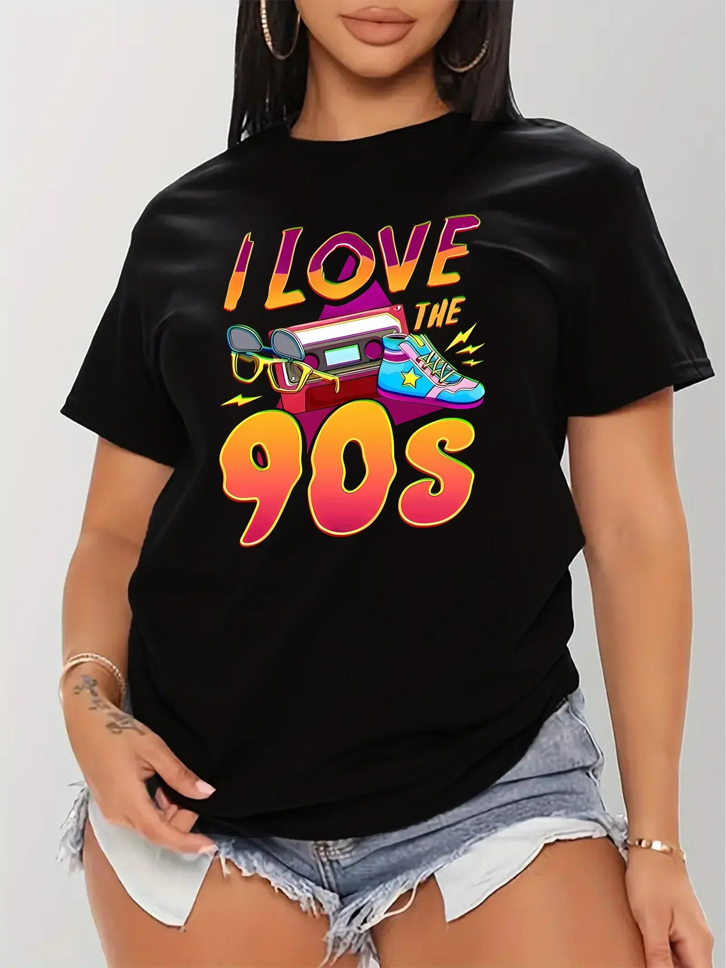 I Love 90s Print T-Shirt for Women Casual Short Sleeve Summer Top