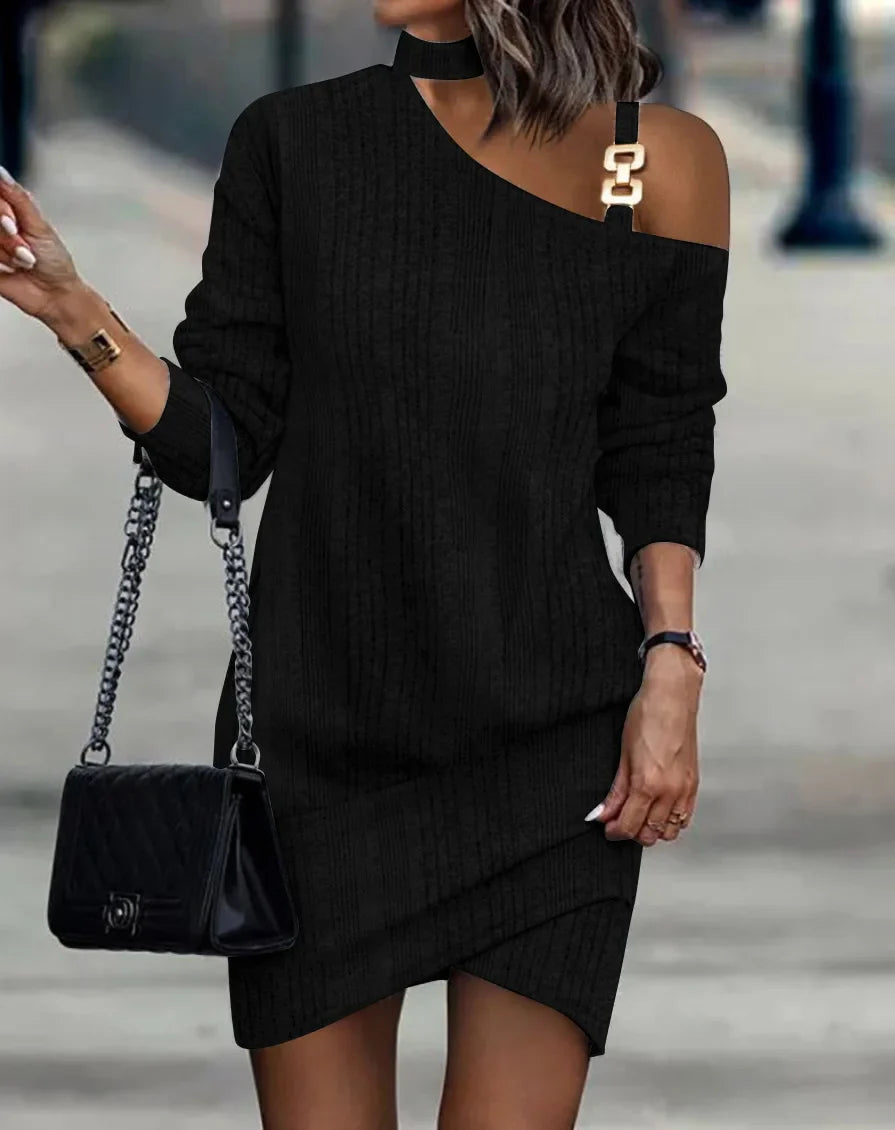 Casual A Line Dress With Chain Decor Long Sleeve Mini