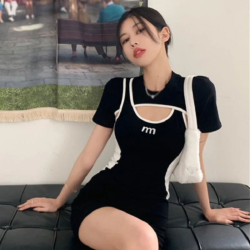 Women Hollow Out O Neck Short Sleeve Patchwork Mini Dress