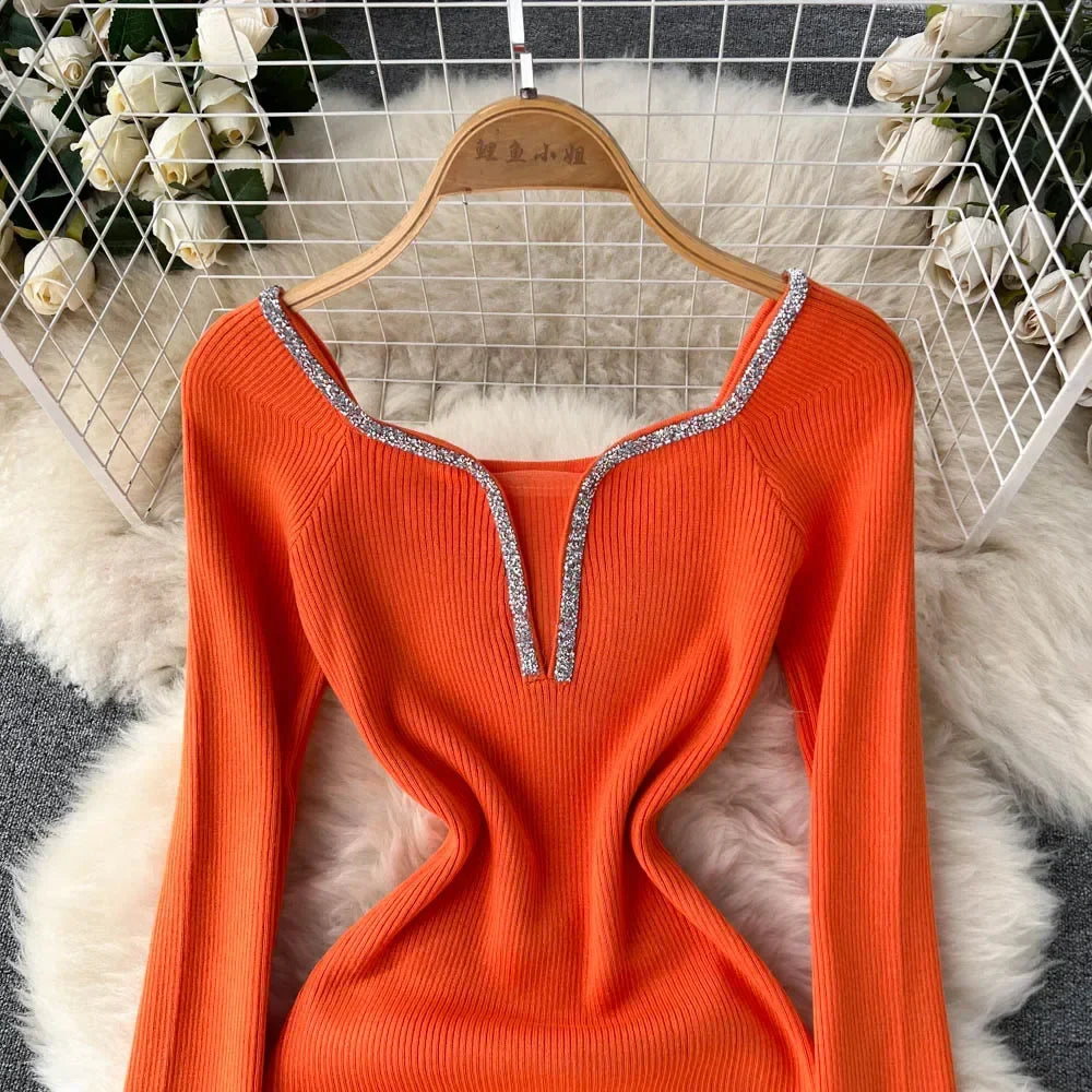 Knit Bodycon Dress For Women Long Sleeve Winter Sweater