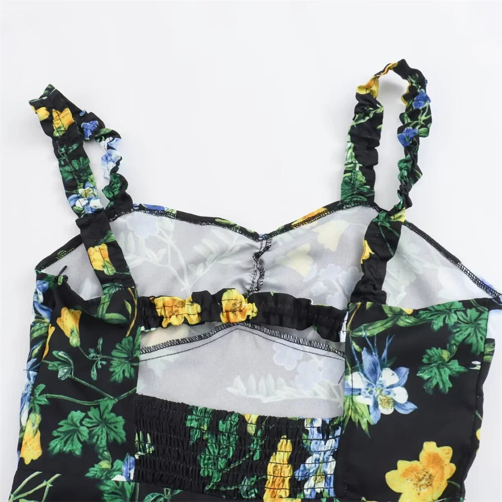 Open Back Midi Dress With Flower Print Strappy Detail