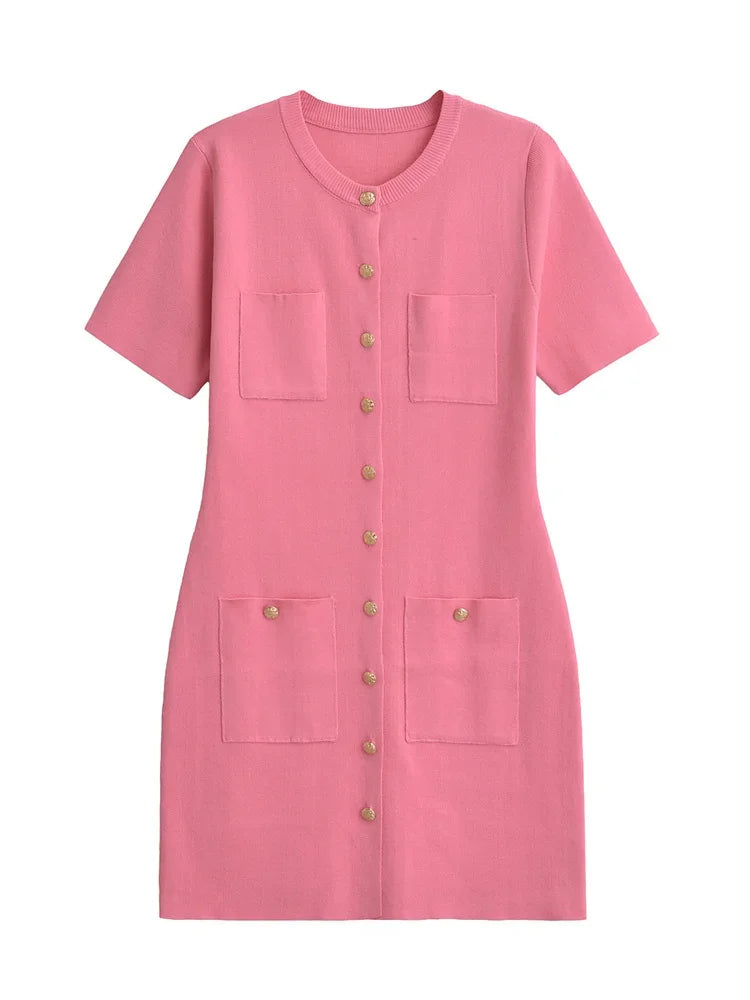 Ribbed Pocket Knit Dress For Women High Waist Mini Chic