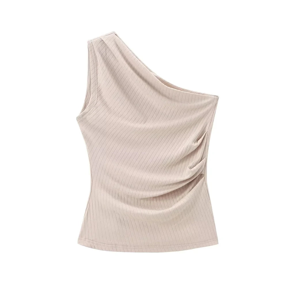 Women's Asymmetric Collar Sleeveless Slim Fit Top and Wide Leg Pants Set for Elegant Casual Style