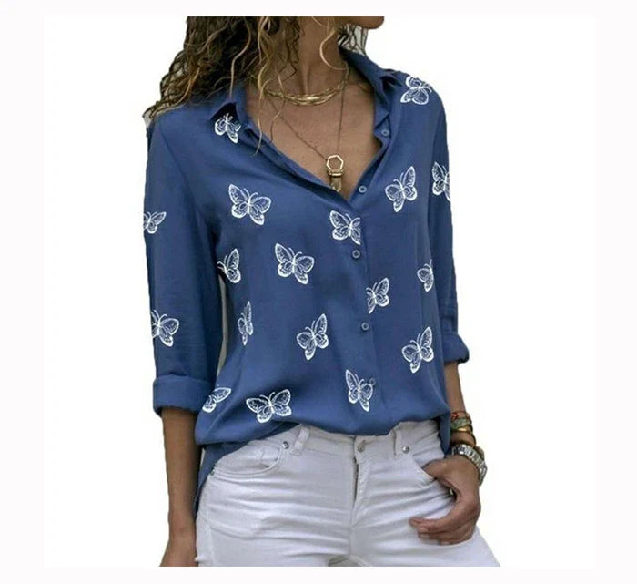 Elegant Women Butterfly Print Loose Fit Long Sleeve Blouse with Turn Down Collar Casual Oversized Office Shirt for Spring and Autumn