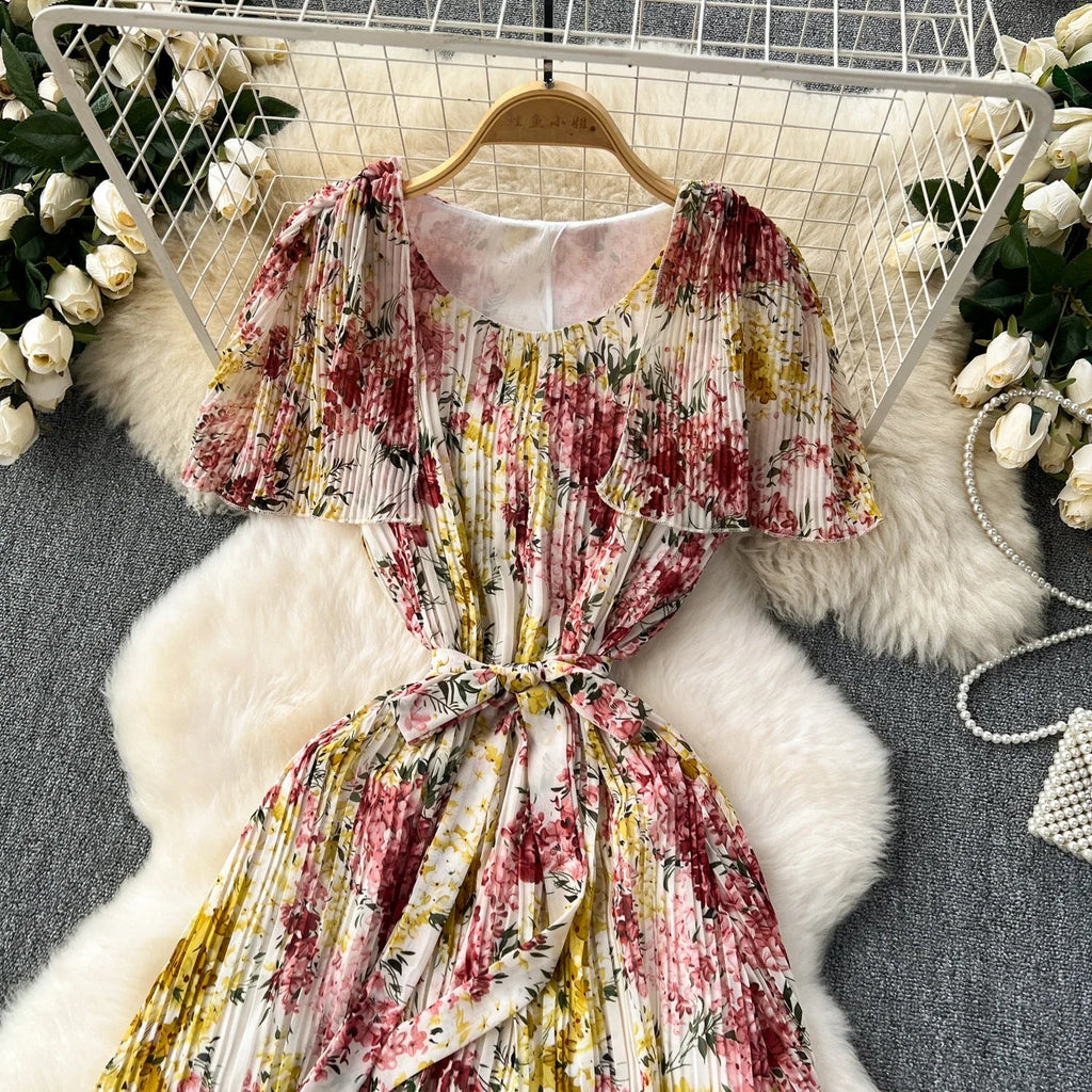 Retro Floral Chiffon Midi Dress With Ruffle Details