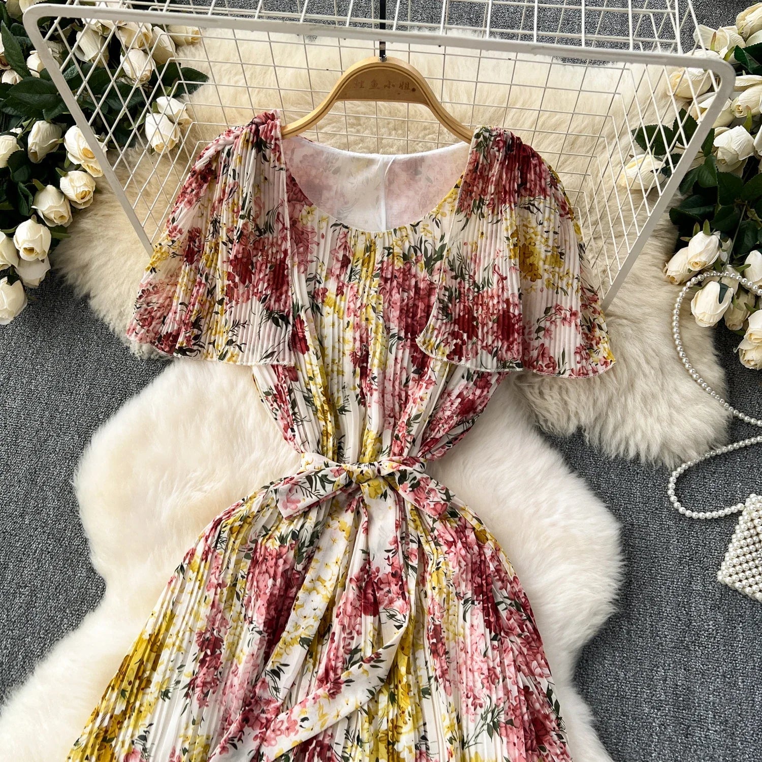 Retro Floral Chiffon Midi Dress With Ruffle Details