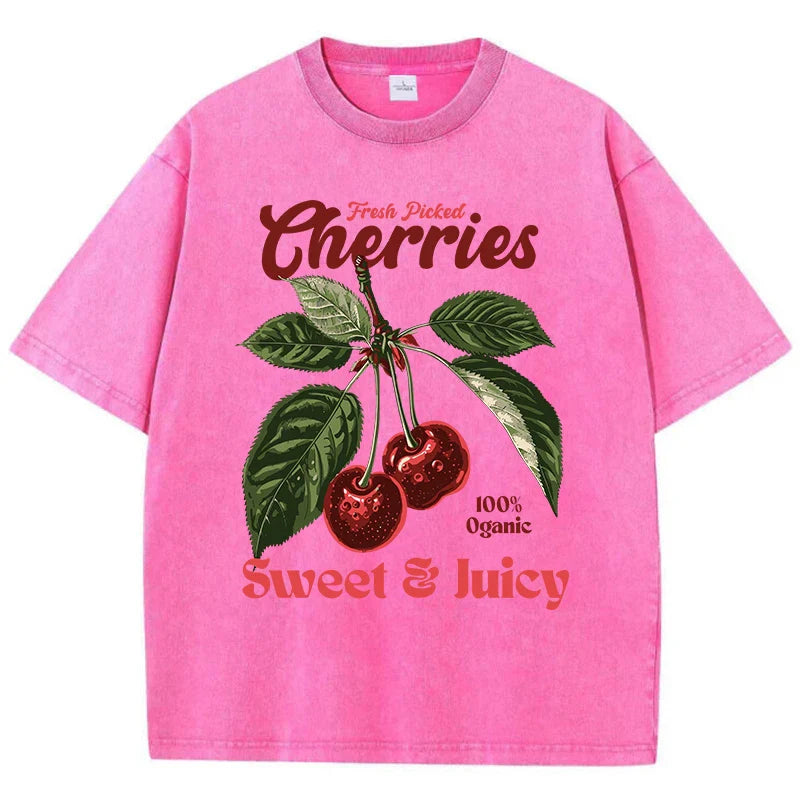 Fresh Picked Cherries Cotton T Shirt for Women with Distressed Oversized O Neck and Sweet Fruit Print Perfect for Casual Wear and Daily Life