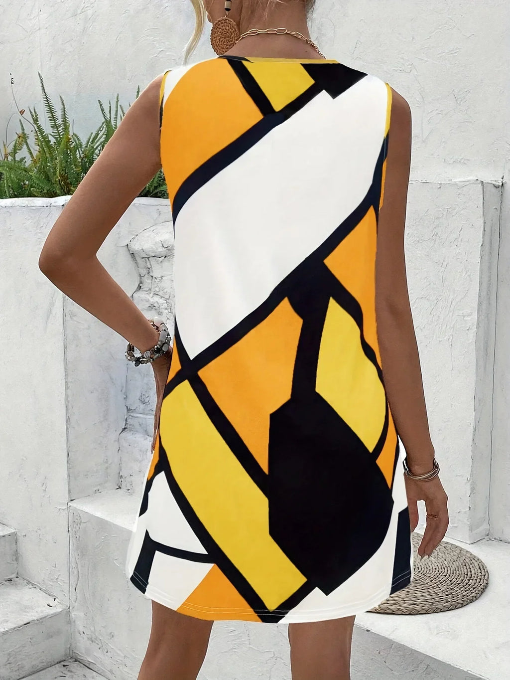 Geometric Print Vest Dress With Heart Collar For Women