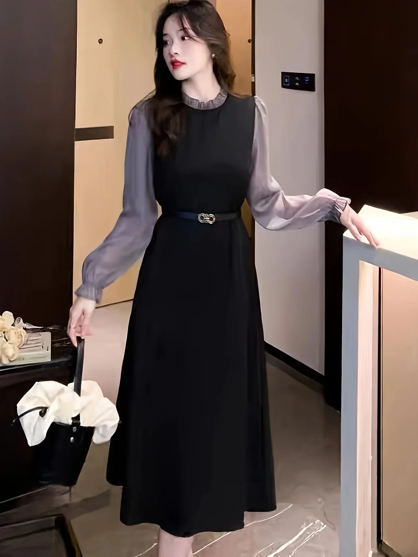 Color Block Dress Lettuce Trim Long Sleeve Midi Womens